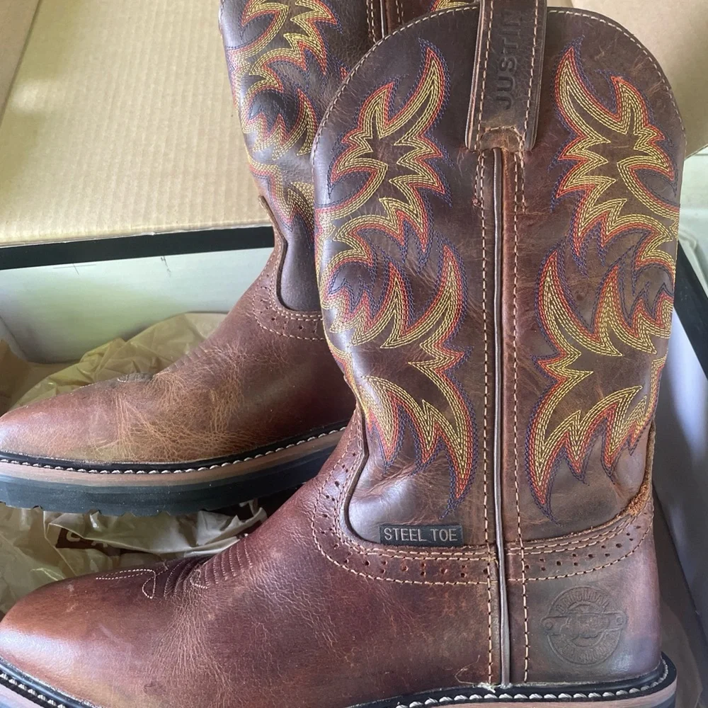 Justin Boots Brown Leather Western Work Boots with Red & Yellow Embroidery - Picture 3 of 9